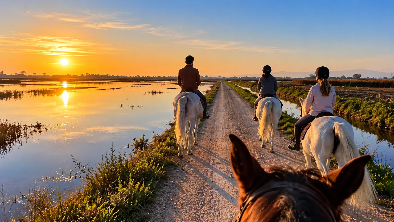 Ruta a caballo al atardecer entre humedales del Delta del Ebro